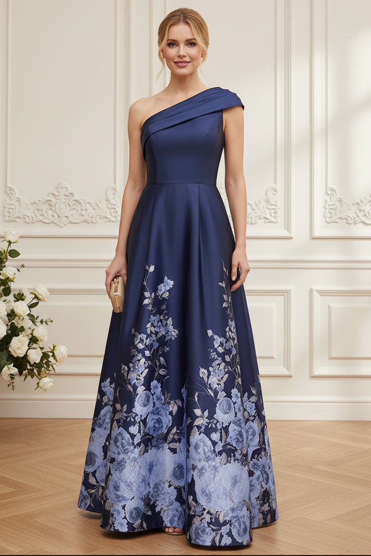 One-Shoulder Floral Print A-Line Evening Gown