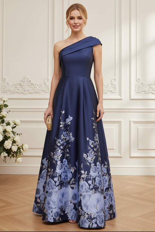 One-Shoulder Floral Print A-Line Evening Gown