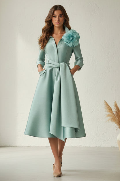 Collared 3/4 Sleeve A-Line Midi Dress