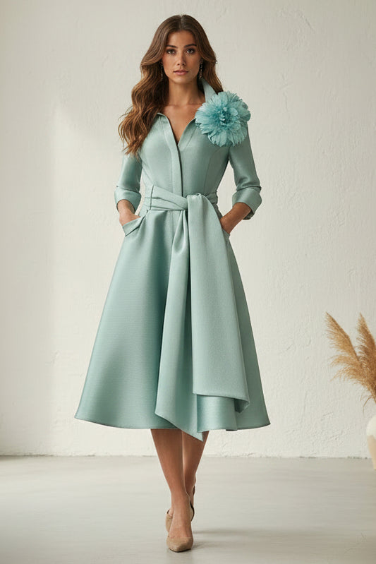Collared 3/4 Sleeve A-Line Midi Dress