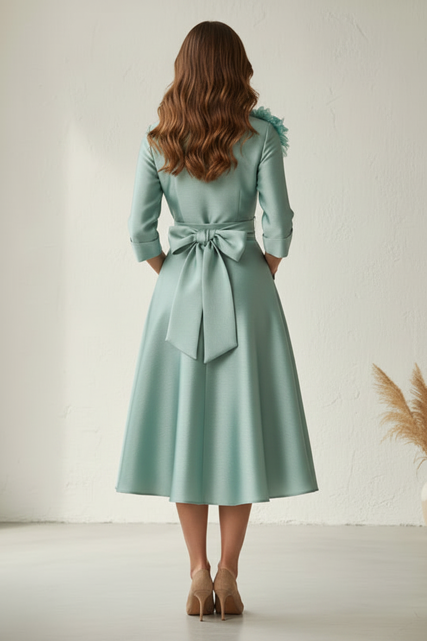 Collared 3/4 Sleeve A-Line Midi Dress