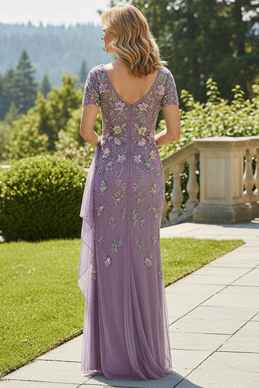Embroidered V-Neck Short Sleeve Evening Gown