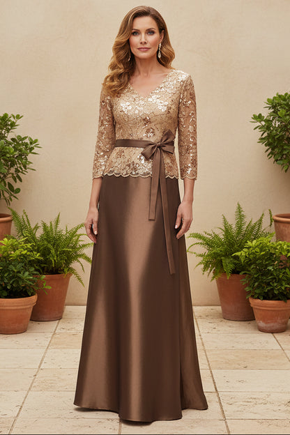 Sequin Lace Bodice A-Line Gown with Bow Sash