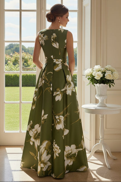 High-Neck Floral A-Line Maxi Dress with Pockets