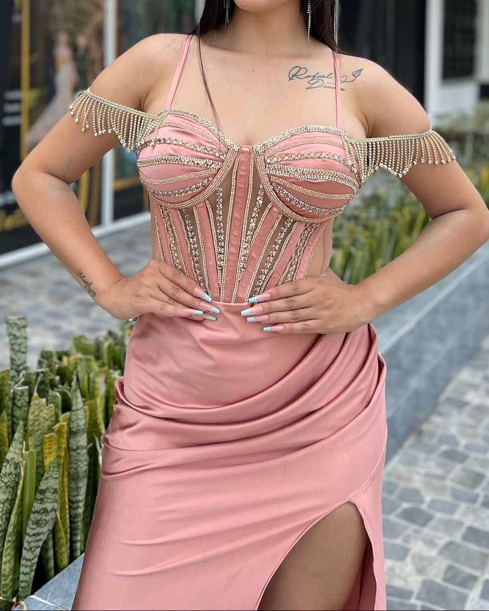 Corset Evening Gown with Beaded Fringe and Slit