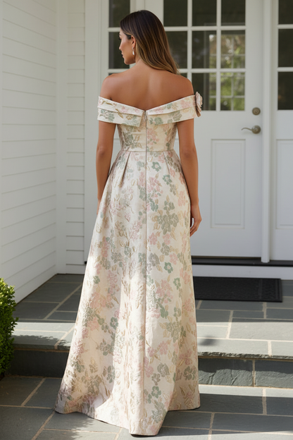 Off-The-Shoulder Floral Jacquard Evening Gown