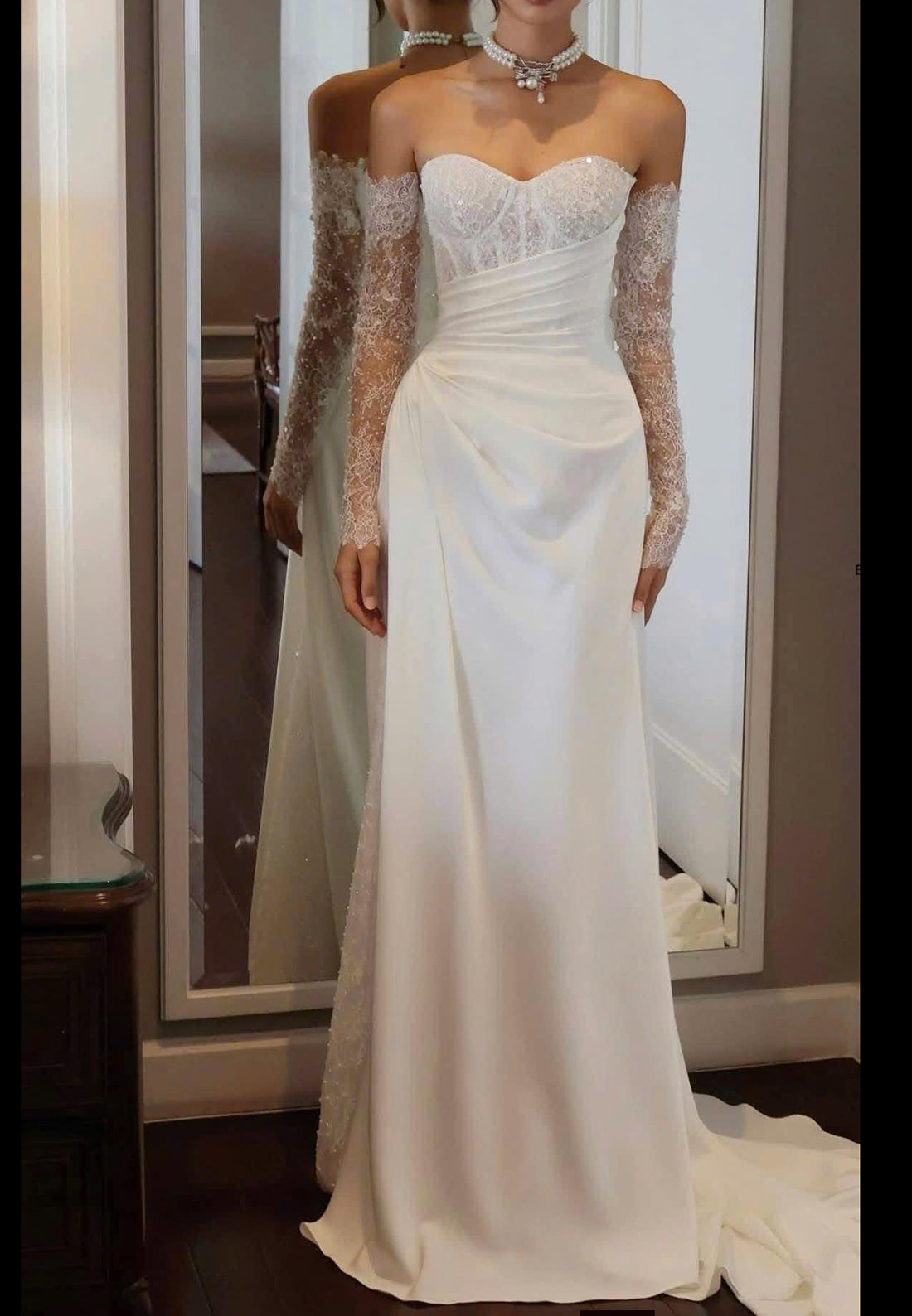 Strapless Ruched Gown with Lace Sleeves