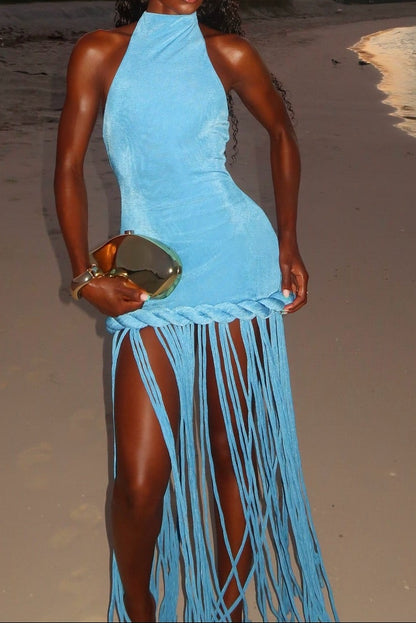 Halter Neck Fringe Hem Mini Dress