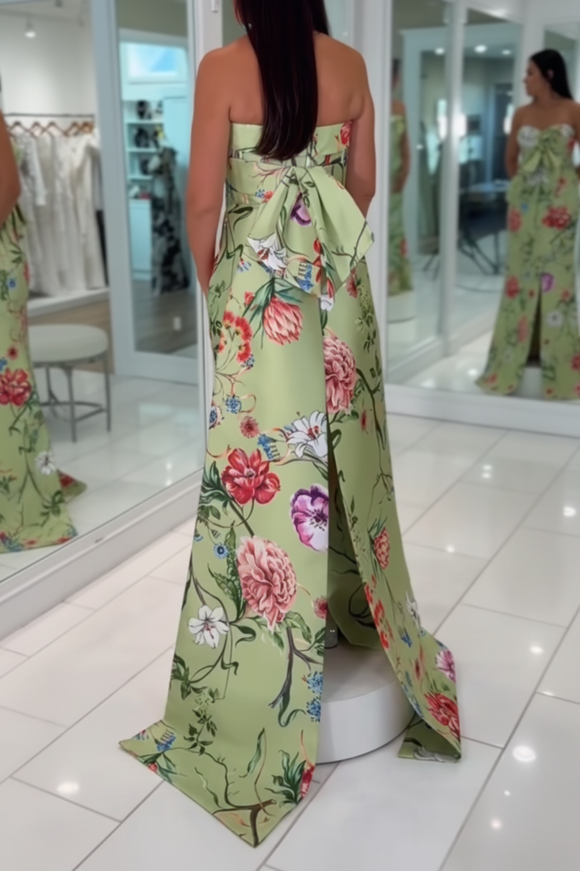 Strapless Floral Evening Gown with Back Bow Train