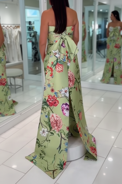 Strapless Floral Evening Gown with Back Bow Train