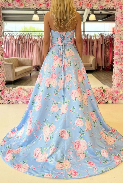 Floral Satin Ball Gown with Lace-Up Back