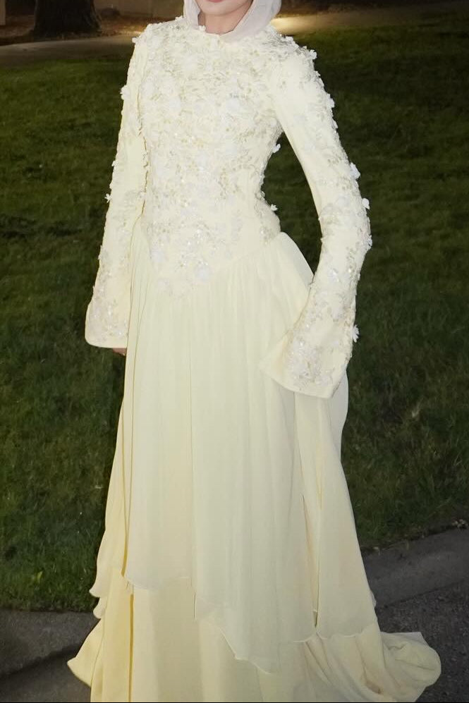 Embroidered Floral Long Sleeve Floor-Length Gown