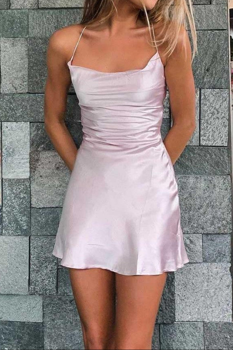 Satin Cowl Neck Lace Up Mini Slip Dress