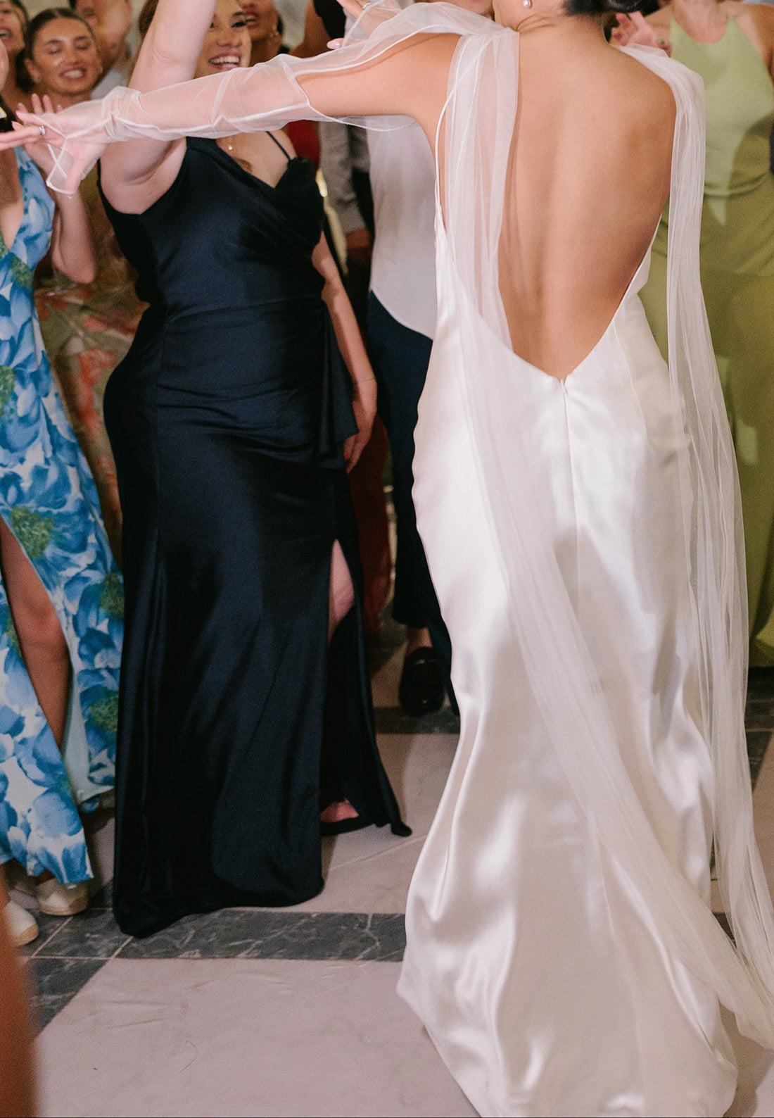 Satin Slip Wedding Dress with Sheer Cape Sleeves