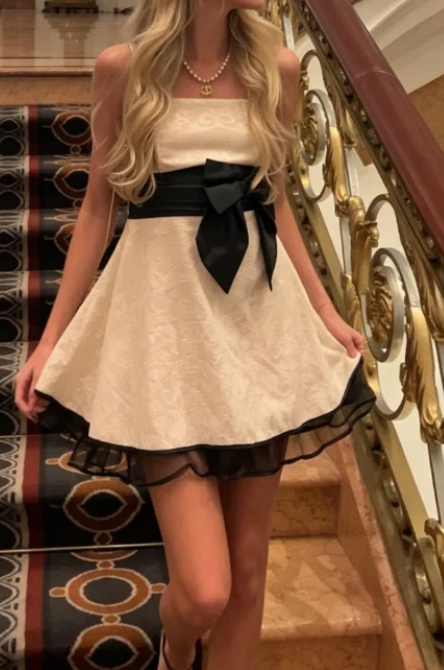 Strapless Jacquard Mini Dress with Bow Sash