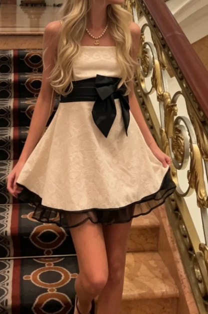 Strapless Jacquard Mini Dress with Bow Sash