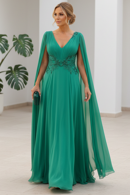Cape Sleeve Embroidered V-Neck A-Line Gown