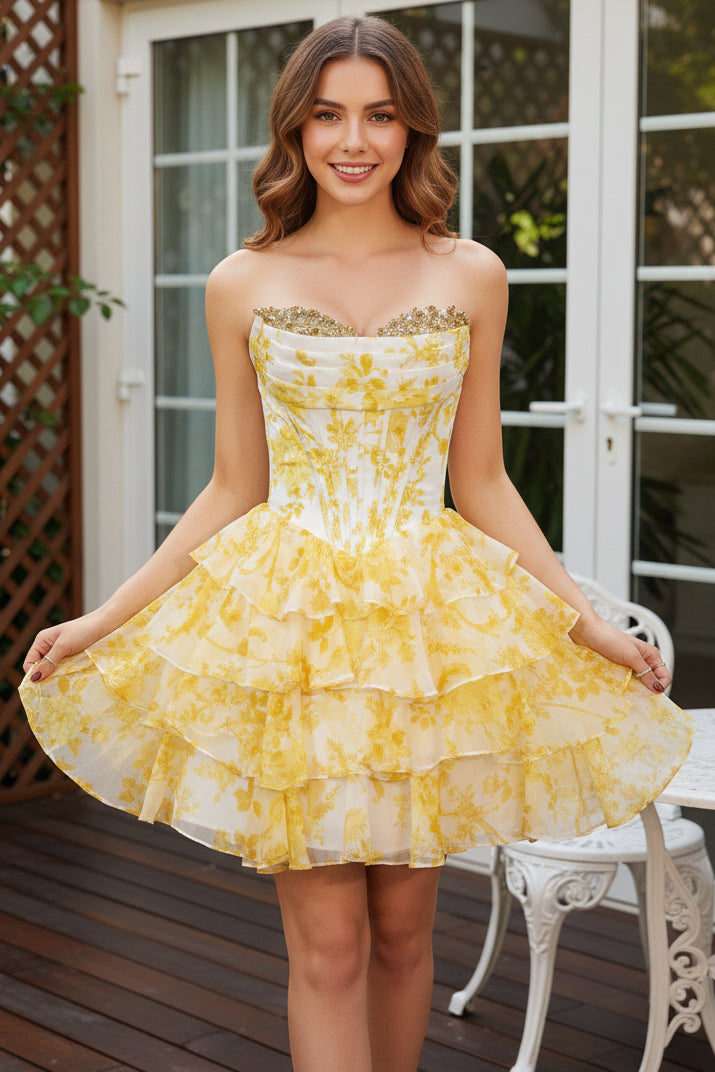 Strapless Floral Corset Tiered Ruffle Mini Dress