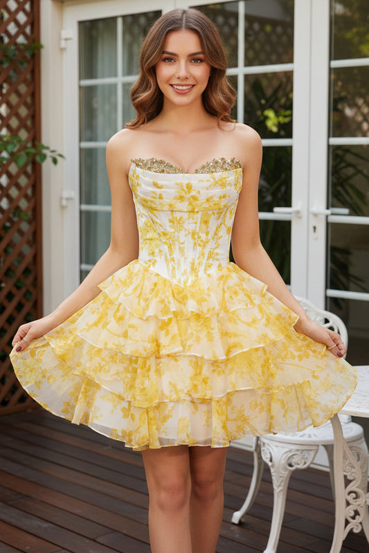 Strapless Floral Corset Tiered Ruffle Mini Dress
