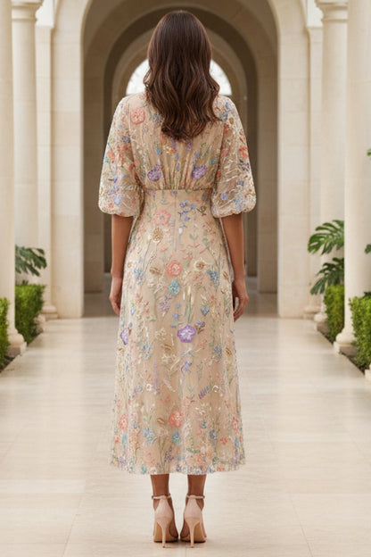 3D Floral Embroidered Elbow Sleeve Midi Dress