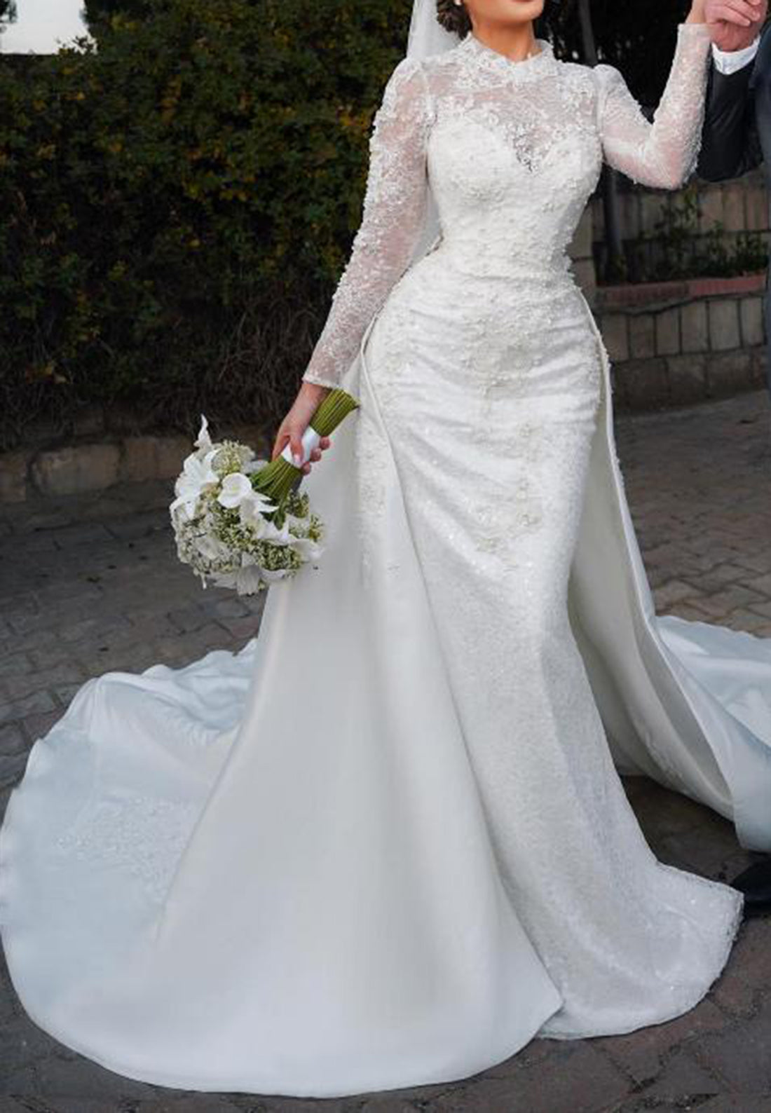 Lace High Neck Wedding Dress with Overskirt