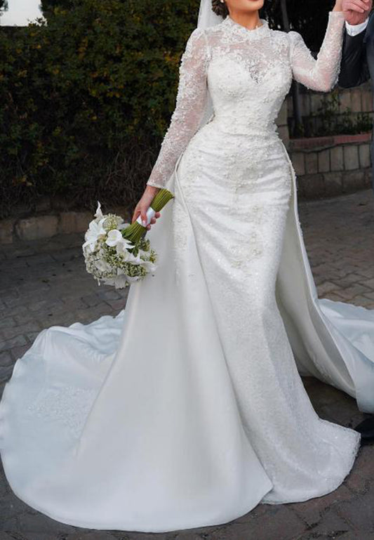 Lace High Neck Wedding Dress with Overskirt