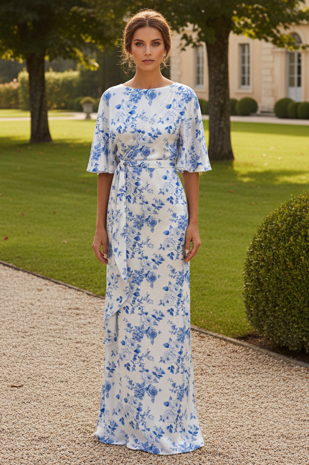 Floral Satin Maxi Dress with Flutter Sleeves