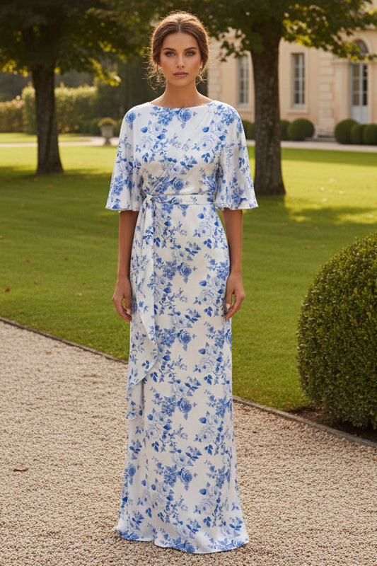 Floral Satin Maxi Dress with Flutter Sleeves
