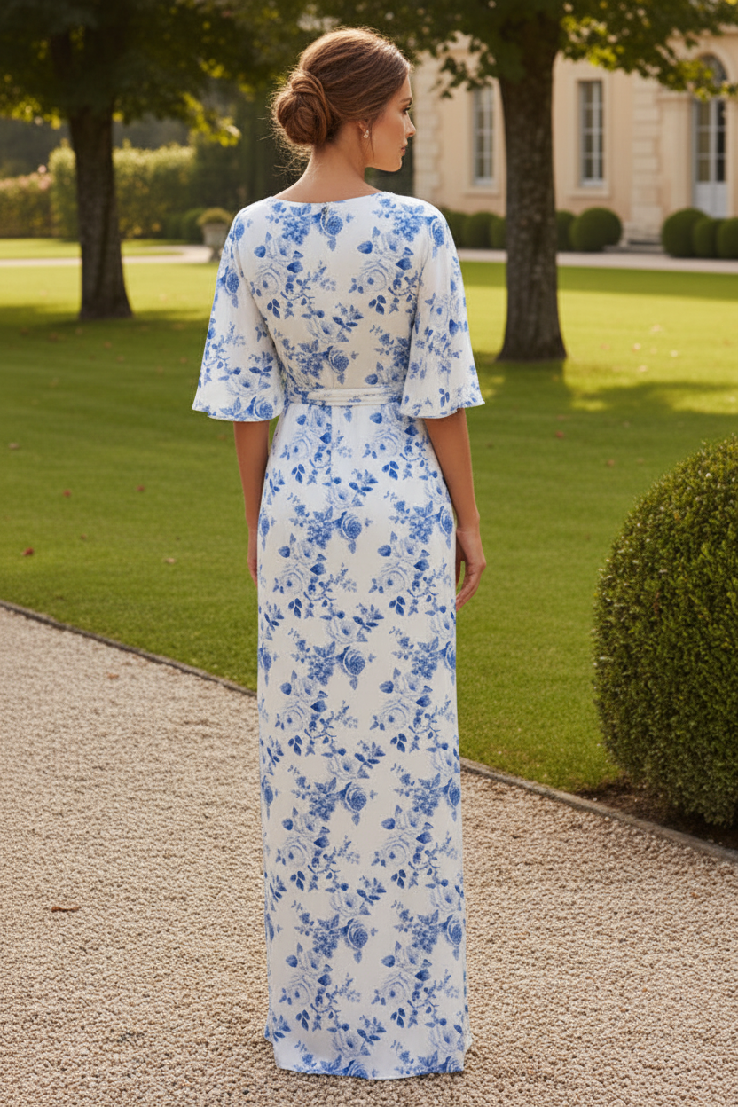 Floral Satin Maxi Dress with Flutter Sleeves
