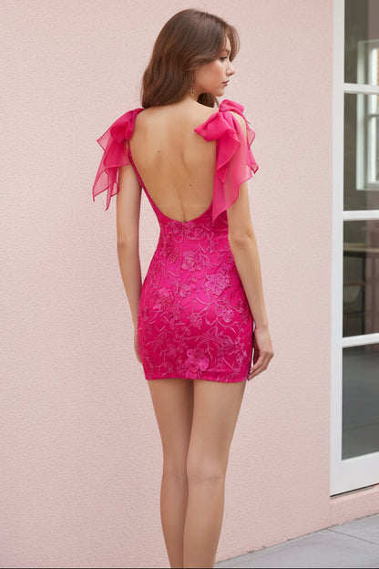 Floral Embroidered Lace Mini Dress with Bow Shoulders