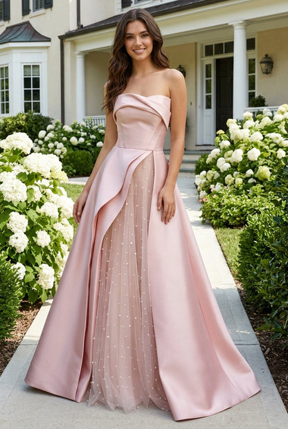 Strapless Satin Ball Gown with Pearl Tulle Split