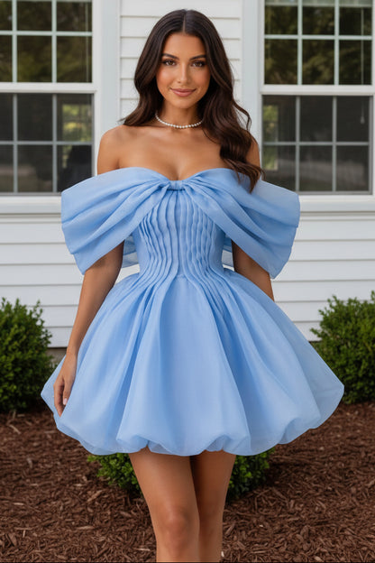 Pleated Off-the-Shoulder Bubble Mini Dress