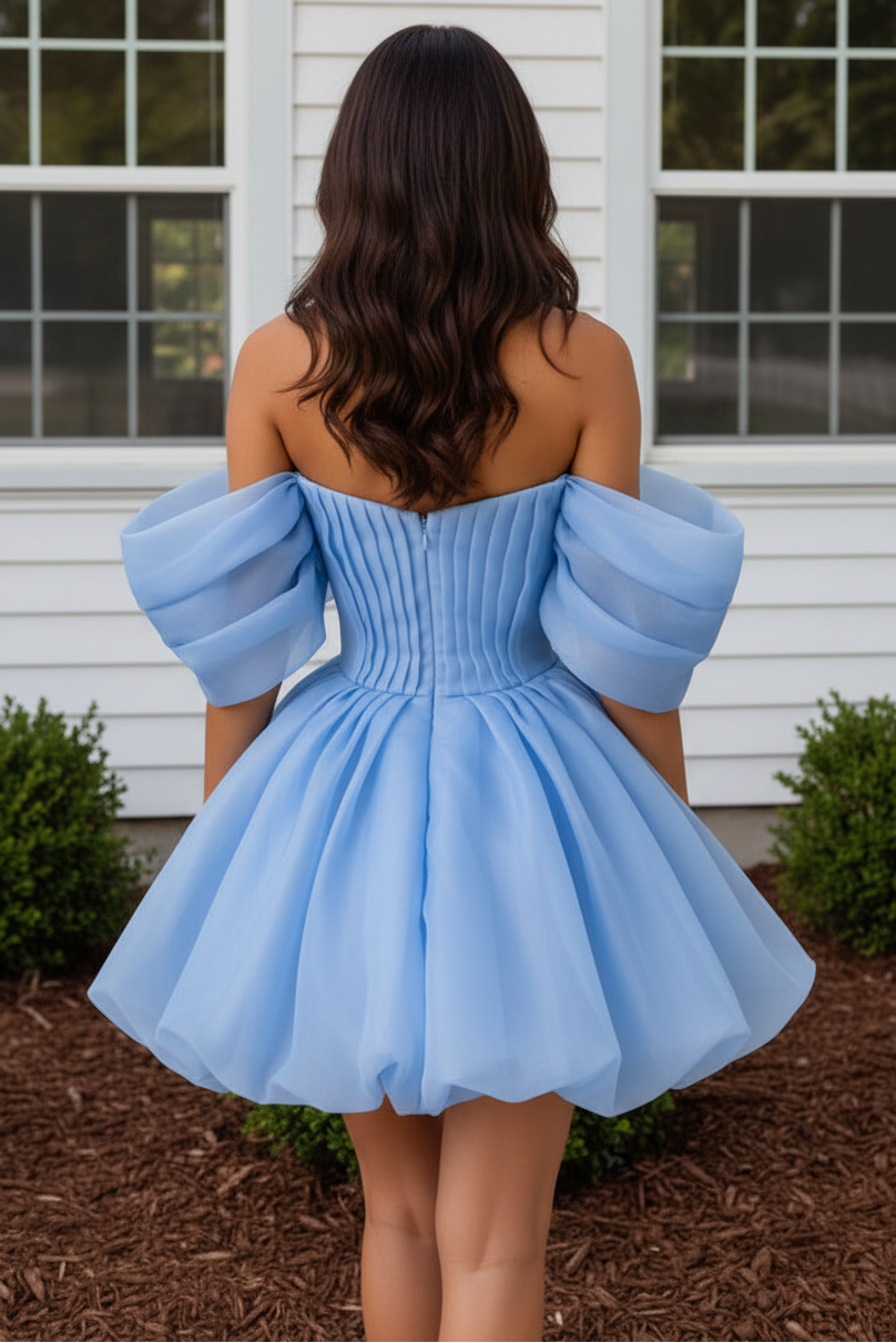 Pleated Off-the-Shoulder Bubble Mini Dress