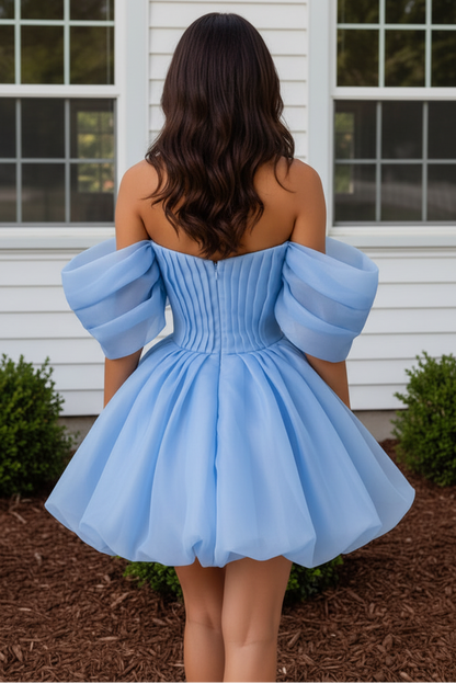 Pleated Off-the-Shoulder Bubble Mini Dress
