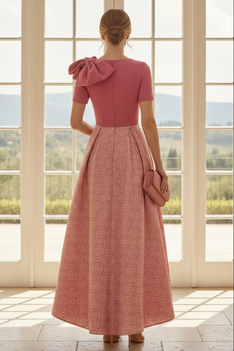 Jacquard Pleated High-Low Dress with Shoulder Bow