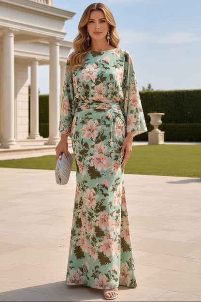 Floral Print Batwing Sleeve Ruched Waist Maxi Dress
