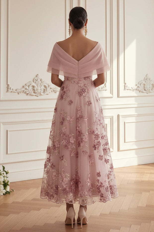 Off-the-Shoulder 3D Floral Tea-Length Dress