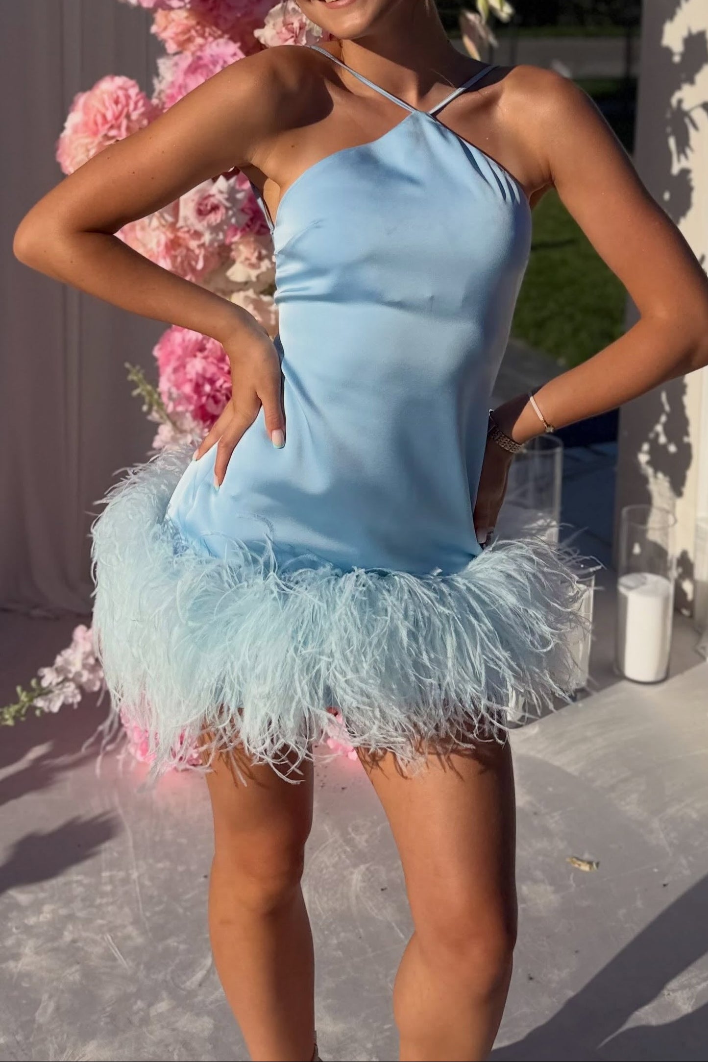 Satin Halter Mini Dress with Feather Trim
