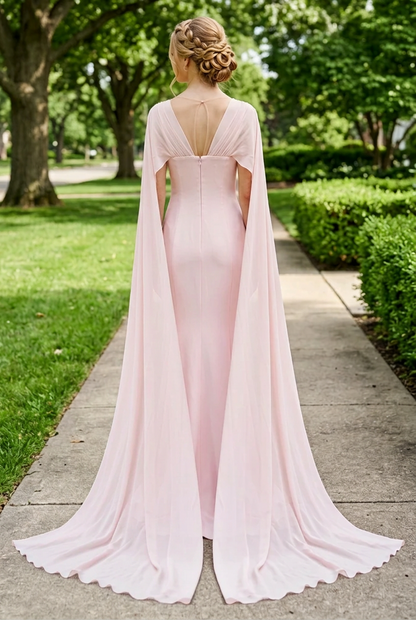 Embroidered Cape Gown with Asymmetrical Neckline