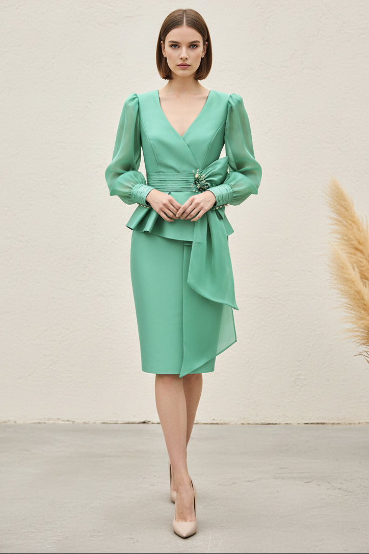 V-Neck Chiffon Sleeve Peplum Cocktail Dress