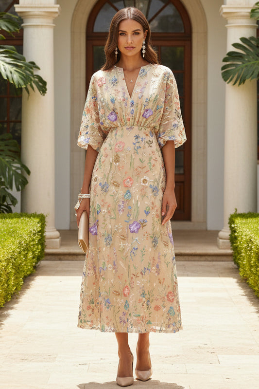 3D Floral Embroidered Elbow Sleeve Midi Dress