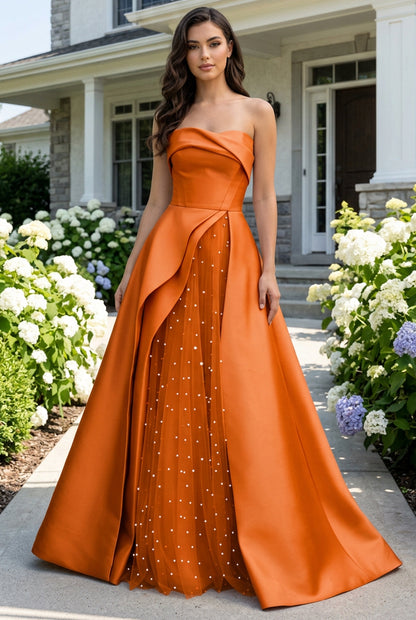 Strapless Satin Ball Gown with Pearl Tulle Split