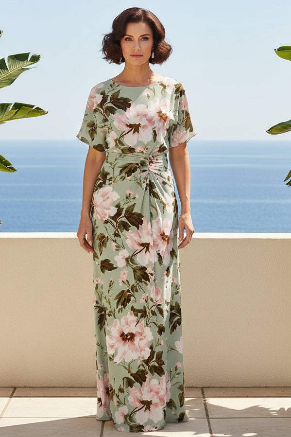 Floral Ruched Waist A-Line Maxi Dress