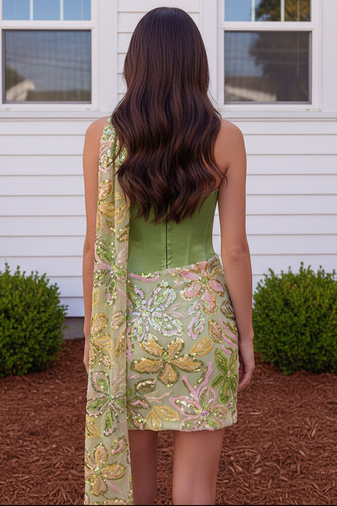 Strapless Corset Mini Dress with Floral Sequins
