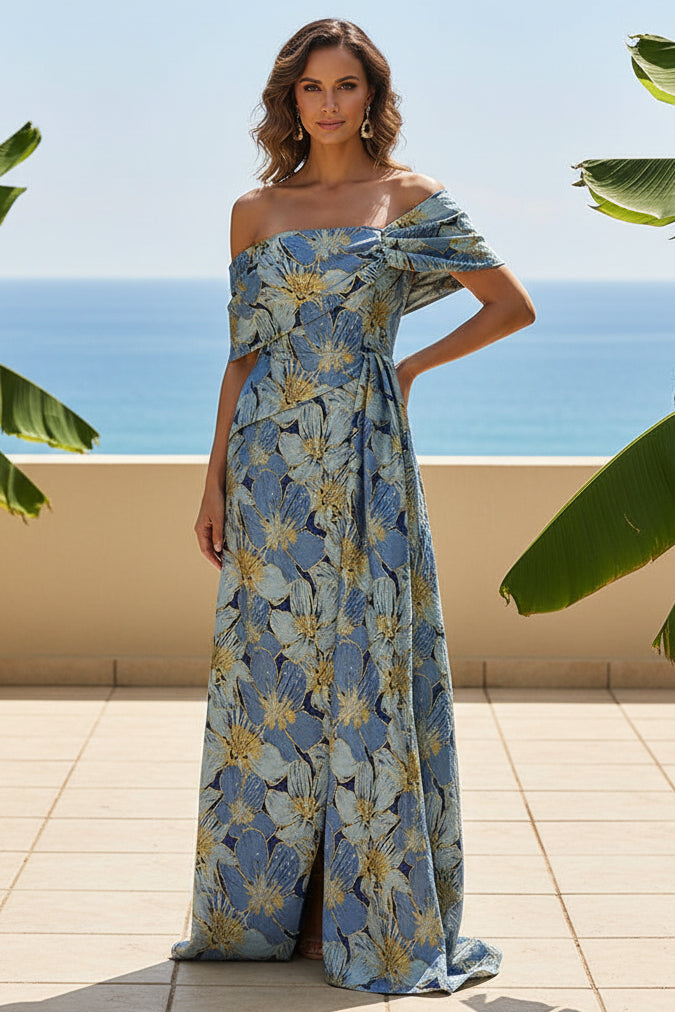Off-The-Shoulder Floral Jacquard Evening Gown