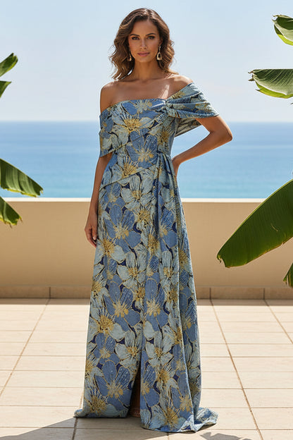 Off-The-Shoulder Floral Jacquard Evening Gown