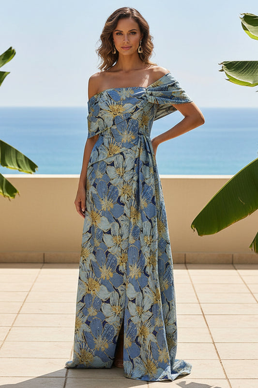 Off-The-Shoulder Floral Jacquard Evening Gown