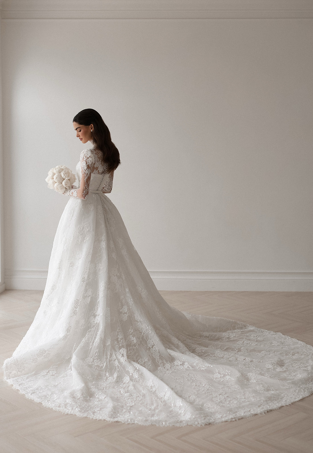 High-Neck Lace Long-Sleeve Ball Gown Wedding Dress