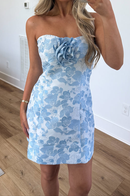 Strapless Floral Jacquard Mini Dress with 3D Flower