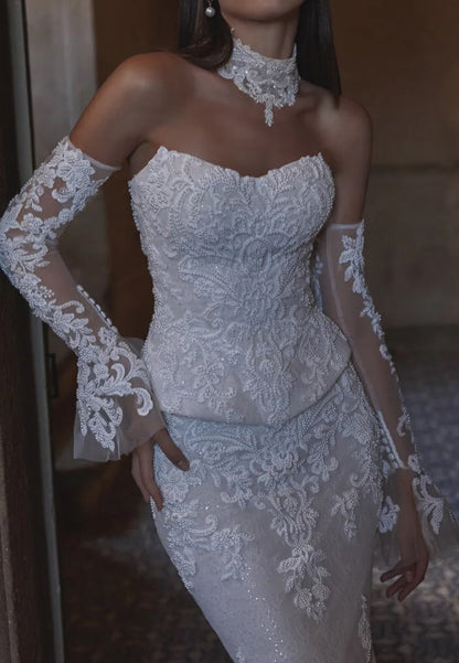 Lace Applique Mermaid Wedding Dress with Sleeves